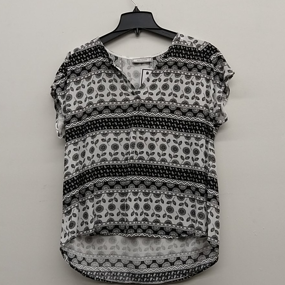 Eden Society Blk/Wht V-Neck Sunflower Print Tee